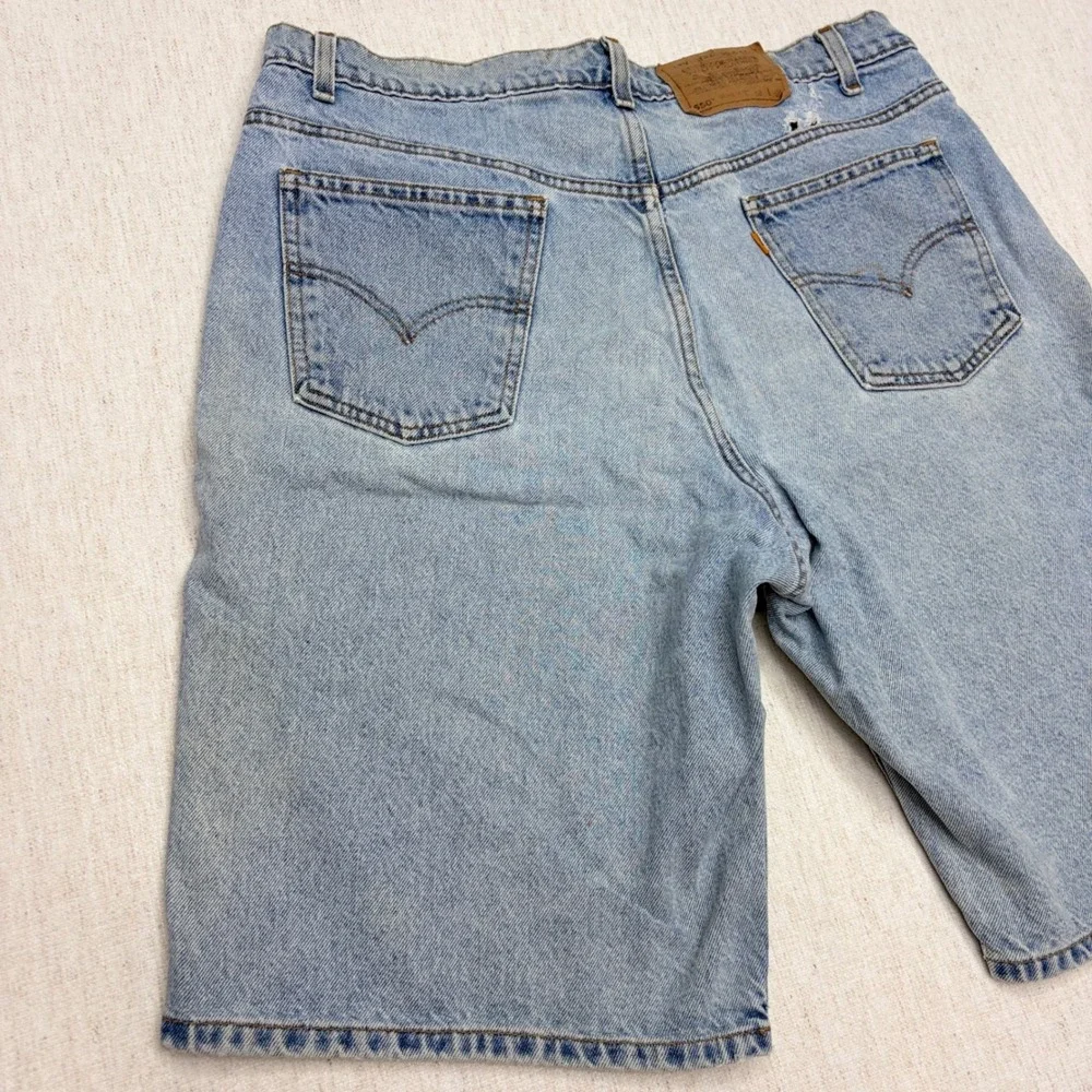 Vintage 90s Levis 550 Relaxed Fit Shorts Light Wash Orange Tab Men 38 Distresse